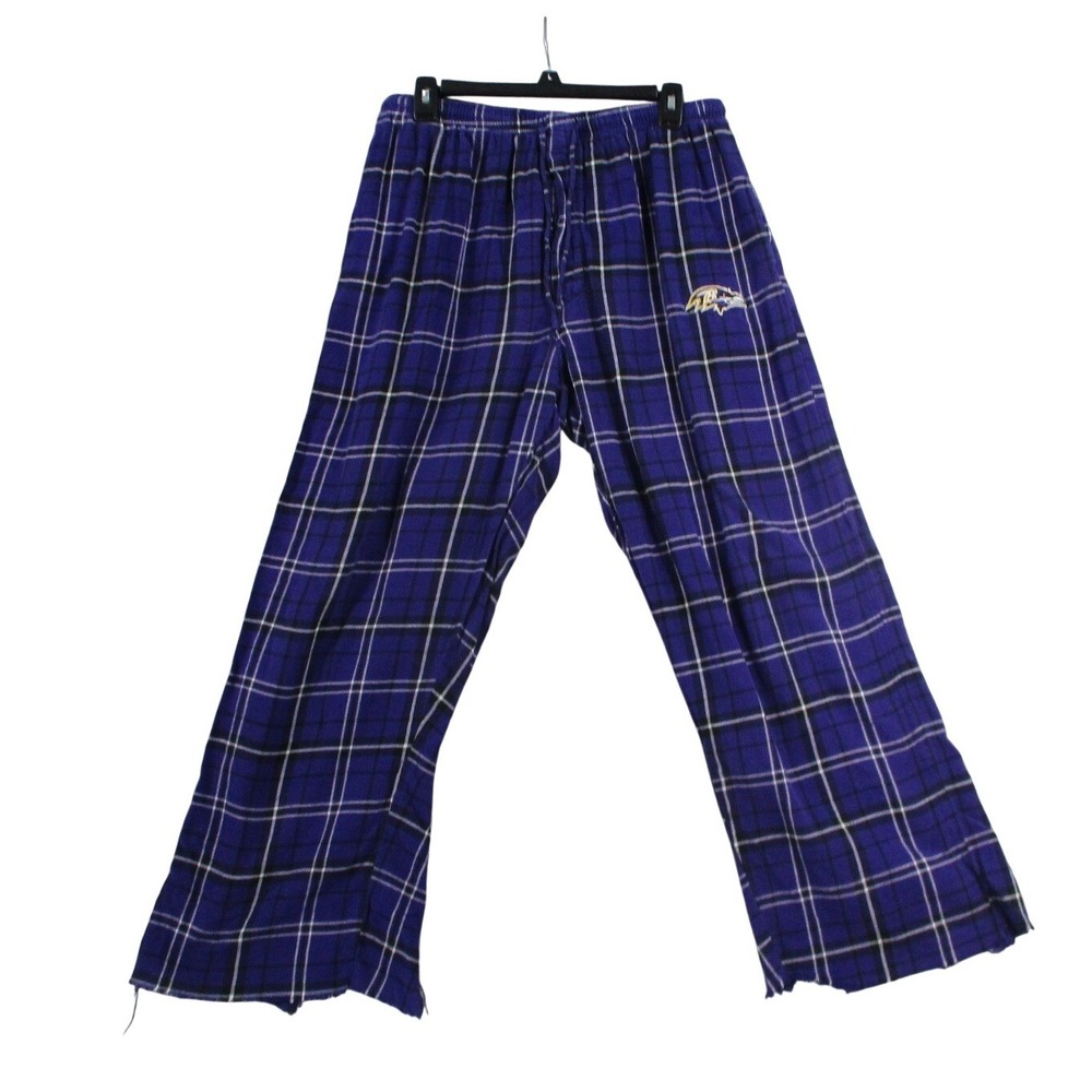 Baltimore Ravens NFL Womens Purple Plaid Lounge Pajama Pants Wide Leg Frayed Hem